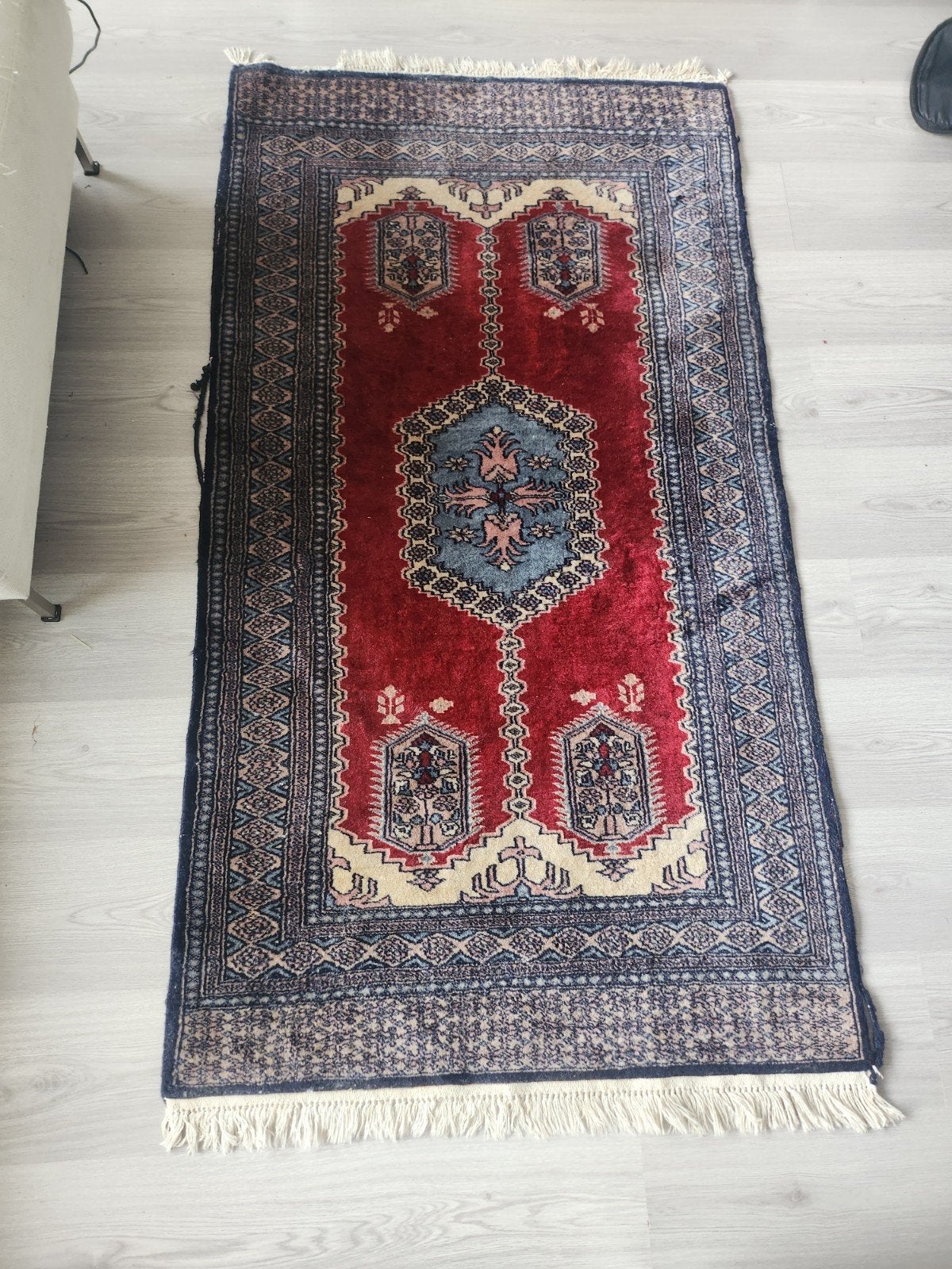 Origineel Handgemaakt Bouchara Tapijt - 168x93 cm, Ophalen, Gebruikt, Blauw, 50 tot 100 cm