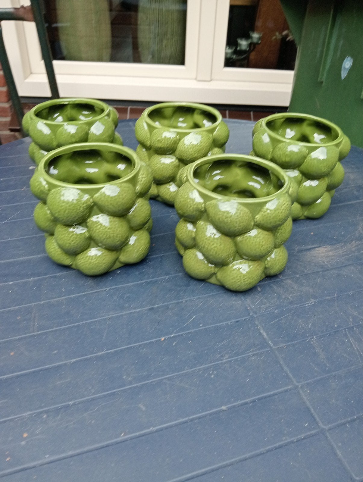 Set van 5 groene bobbelige plantenpotten/schaaltjes, Porselein of Keramiek, Rond, Nieuw, Ophalen of Verzenden