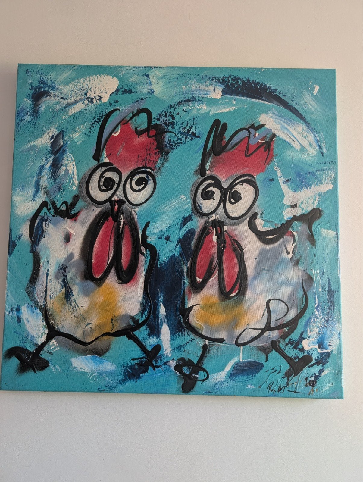 Vrolijk schilderij 'Kippen' van Rick Triest - 80x80cm, Ophalen