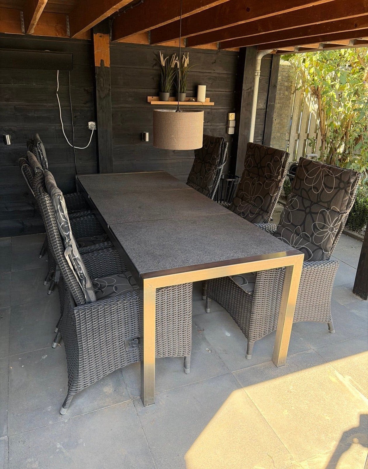 Tuinset 6 persoons. Rvs frame, hardstenen blad., Tuin en Terras, Ophalen, Gebruikt, 6 zitplaatsen, Wicker