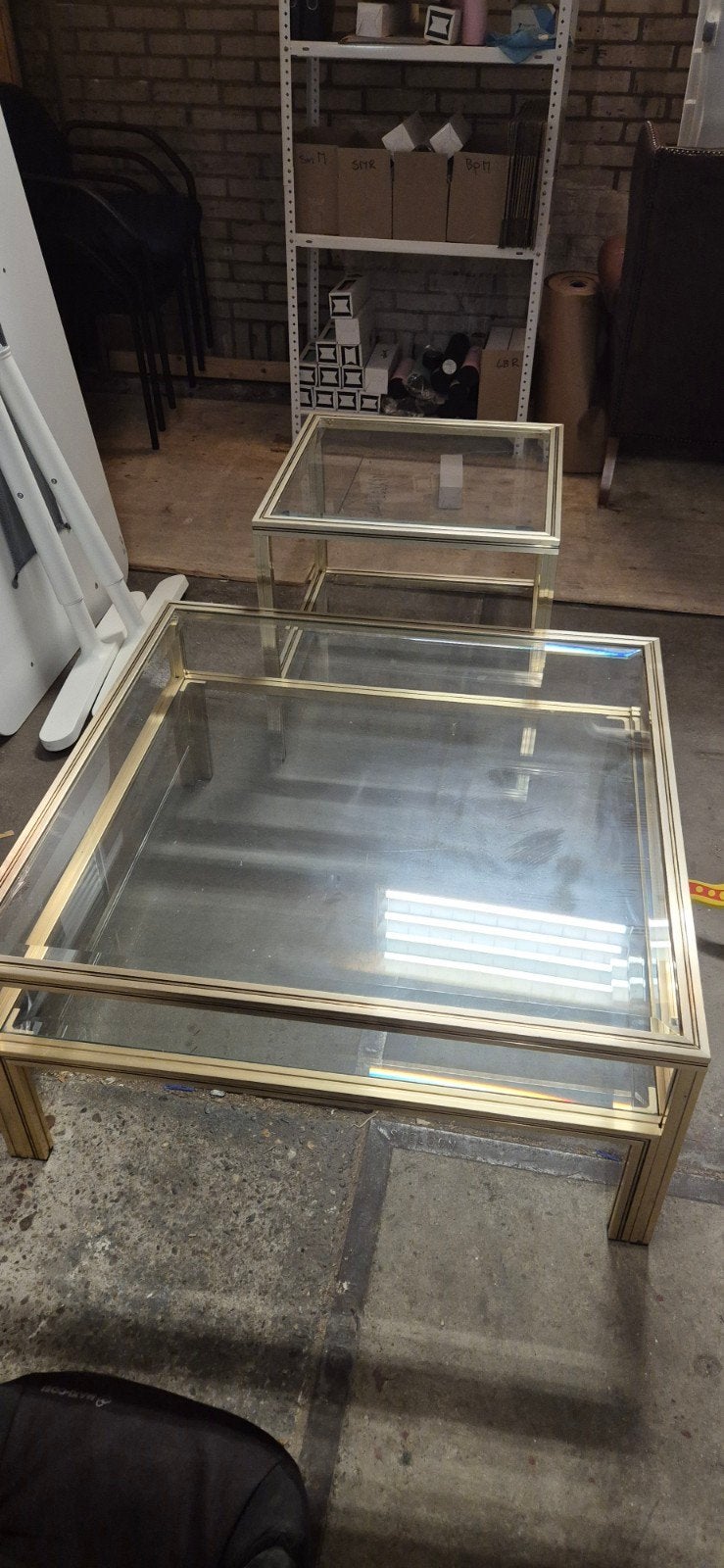 Pierre Vandel Salontafel Set - Goudkleurig Metaal & Glas, Ophalen, Gebruikt, 50 tot 100 cm, 50 tot 100 cm