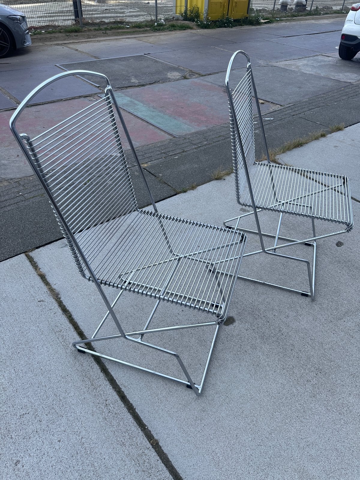 Set van 2 vintage chromen draadstoelen Kreuzschwinger, Ophalen