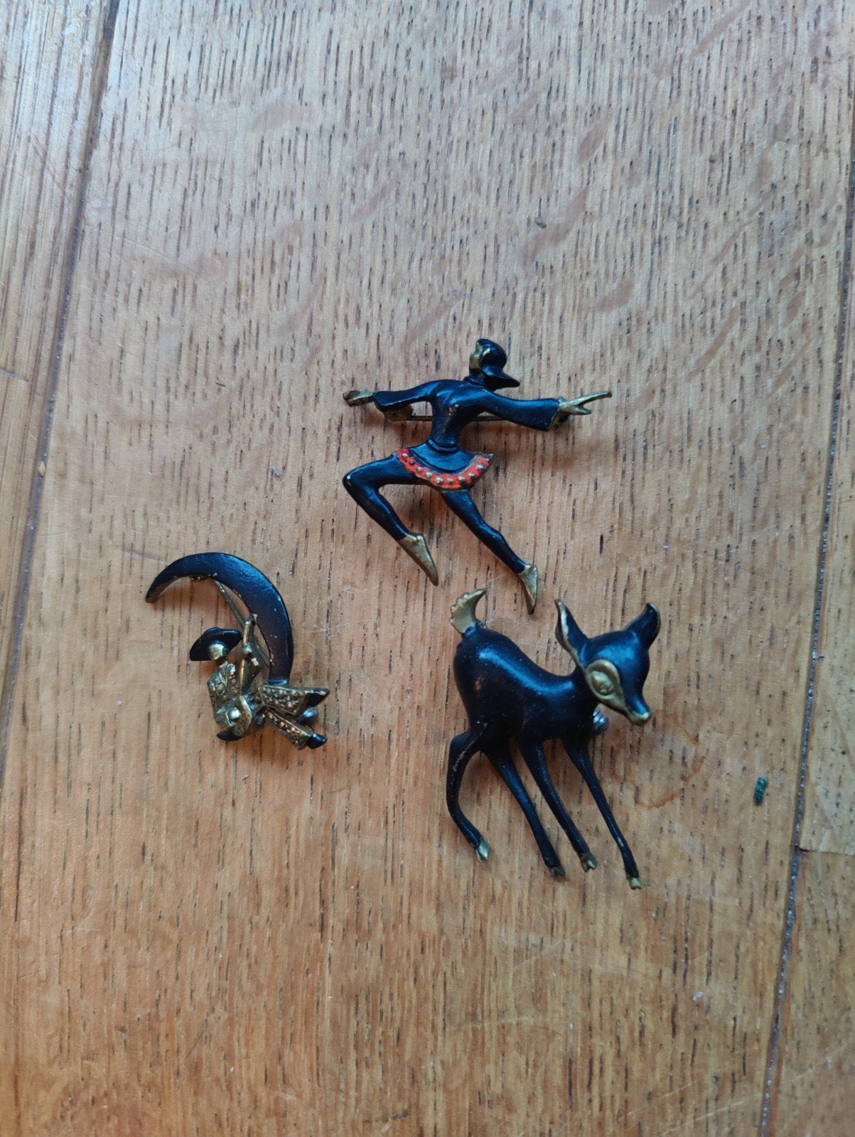 Set van 3 Vintage Broches: Danseres, Hert en Kat, Overige materialen, 4 tot 7 cm, Gebruikt, Zwart