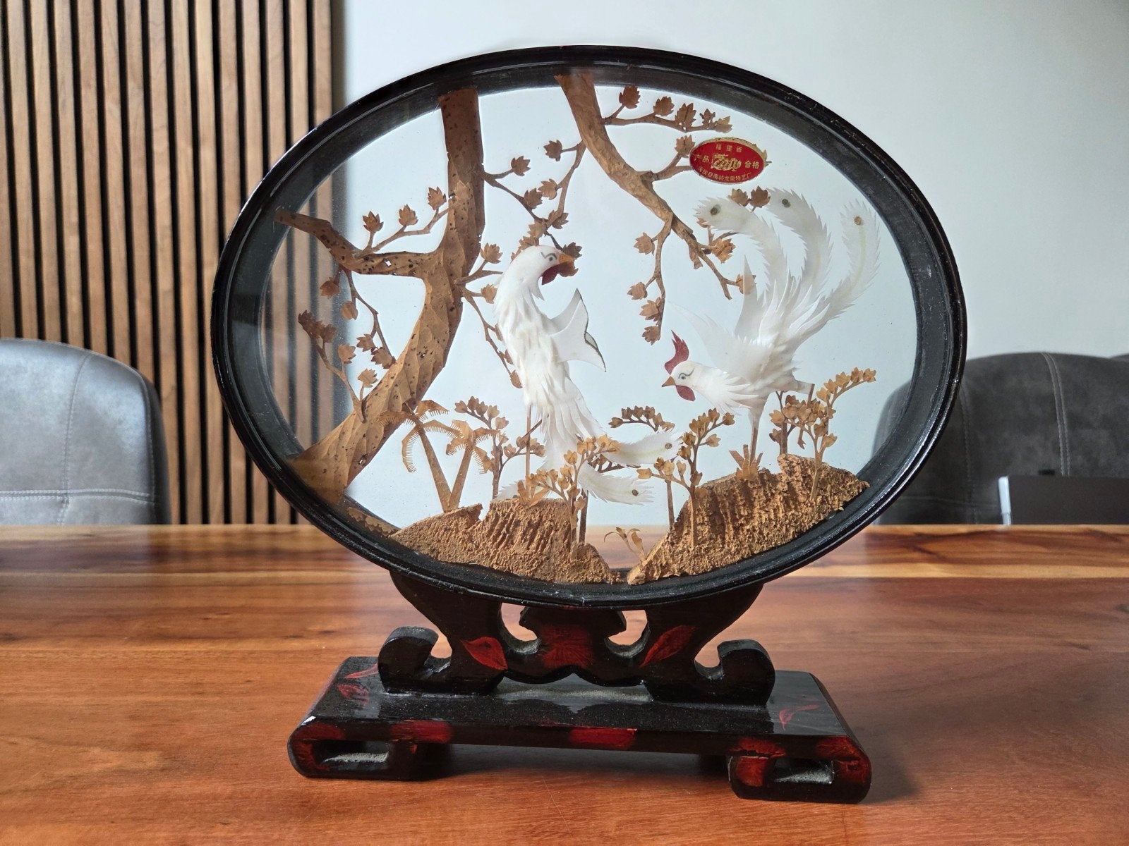 Vintage Chinees kunstwerk met pauwen en bloesem, Antiek en Kunst, Ophalen