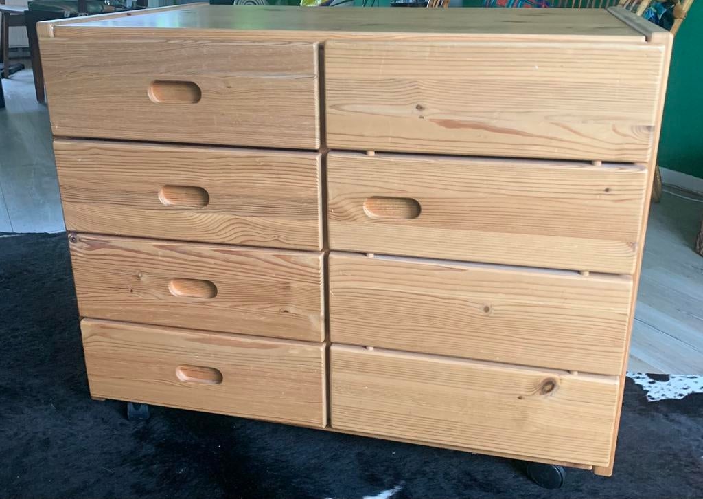 Kastje houtkleur 4 lades en een deurtje. Op wieltjes, Ophalen, 50 tot 100 cm, Zo goed als nieuw, 3 of 4 laden