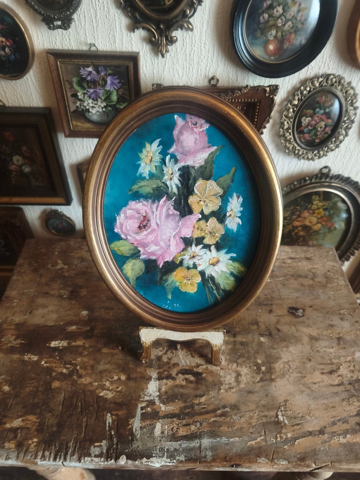 Olieverf schilderijtje olieverfschilderijtje bloemen Q25, Antiek en Kunst, Curiosa en Brocante, Ophalen of Verzenden
