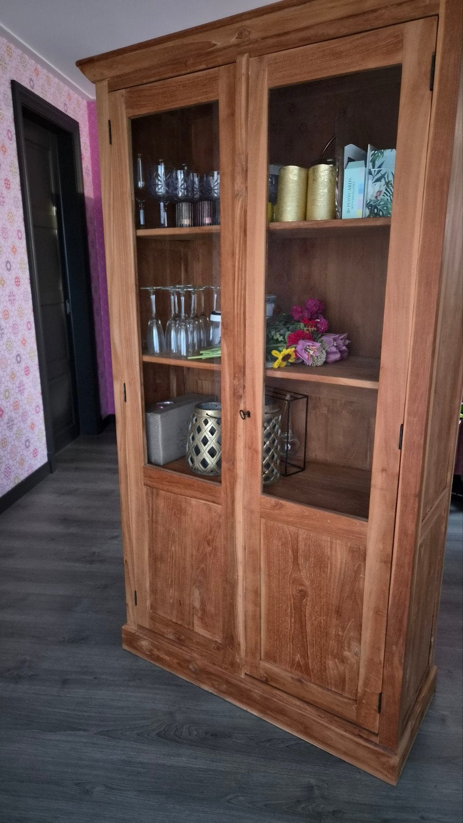 Teakhouten (vitrine)kast, Ophalen, Gebruikt, Teakhout, Met deur(en)