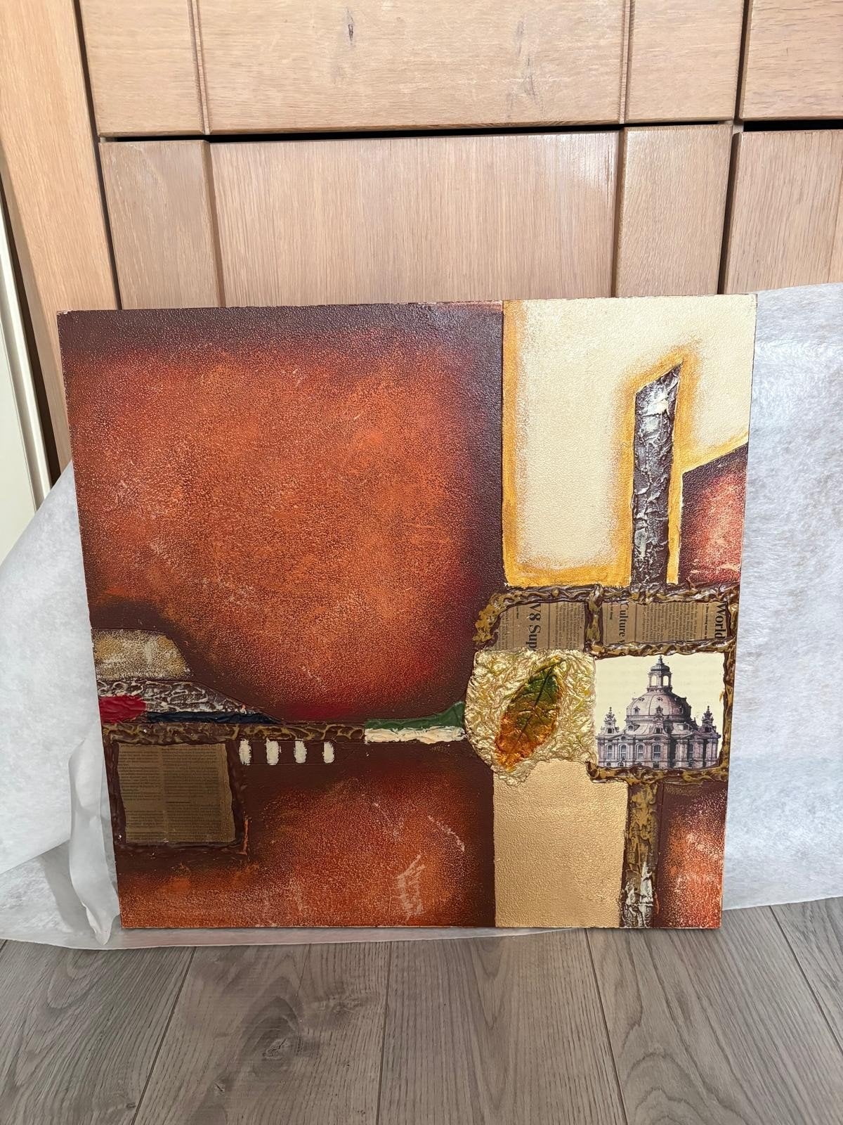 €10,-Abstract schilderij met collage elementen, Antiek en Kunst, Ophalen