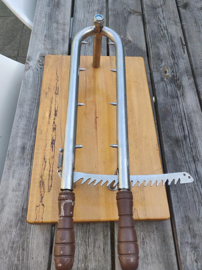 Vintage worstsnijder / vleessnijder op houten plank, Ophalen of Verzenden