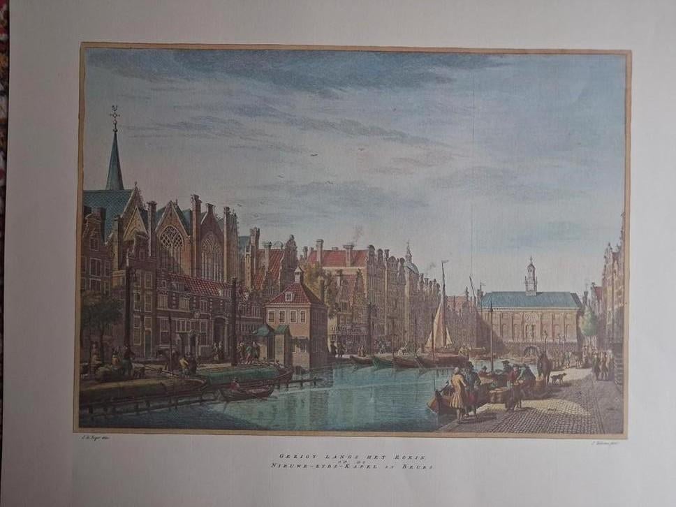 Antieke Prent Amsterdam: Gezicht langs het Rokin, Antiek en Kunst, Ophalen
