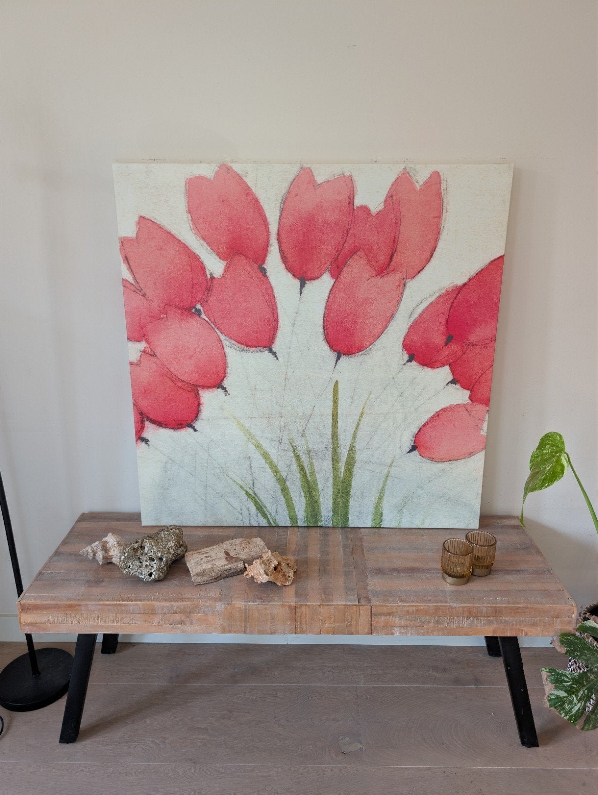Schilderij met rode tulpen - 89x89cm, Ophalen, Zo goed als nieuw, Schilderij, 75 tot 100 cm