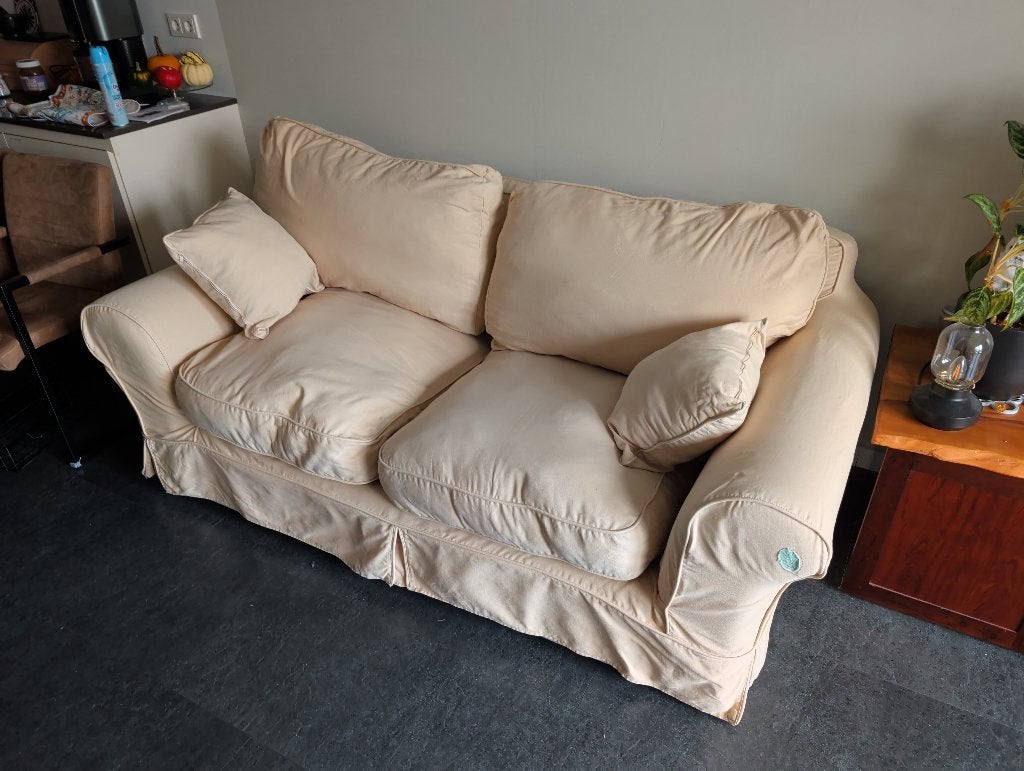 Bank cremekleur, Ophalen, Hout, Gebruikt, 100 tot 125 cm