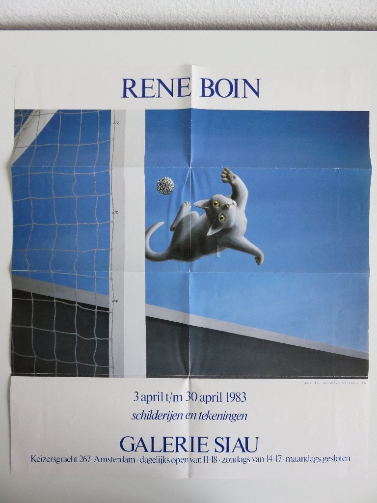 Kunstposter René Boin Galerie Siau met keepende kat 1983, Verzamelen, Rechthoekig Staand, Ophalen of Verzenden, Zo goed als nieuw