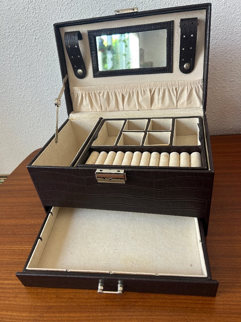 Vintage sieraden doos bijoux kistje faux leather look, Ophalen of Verzenden
