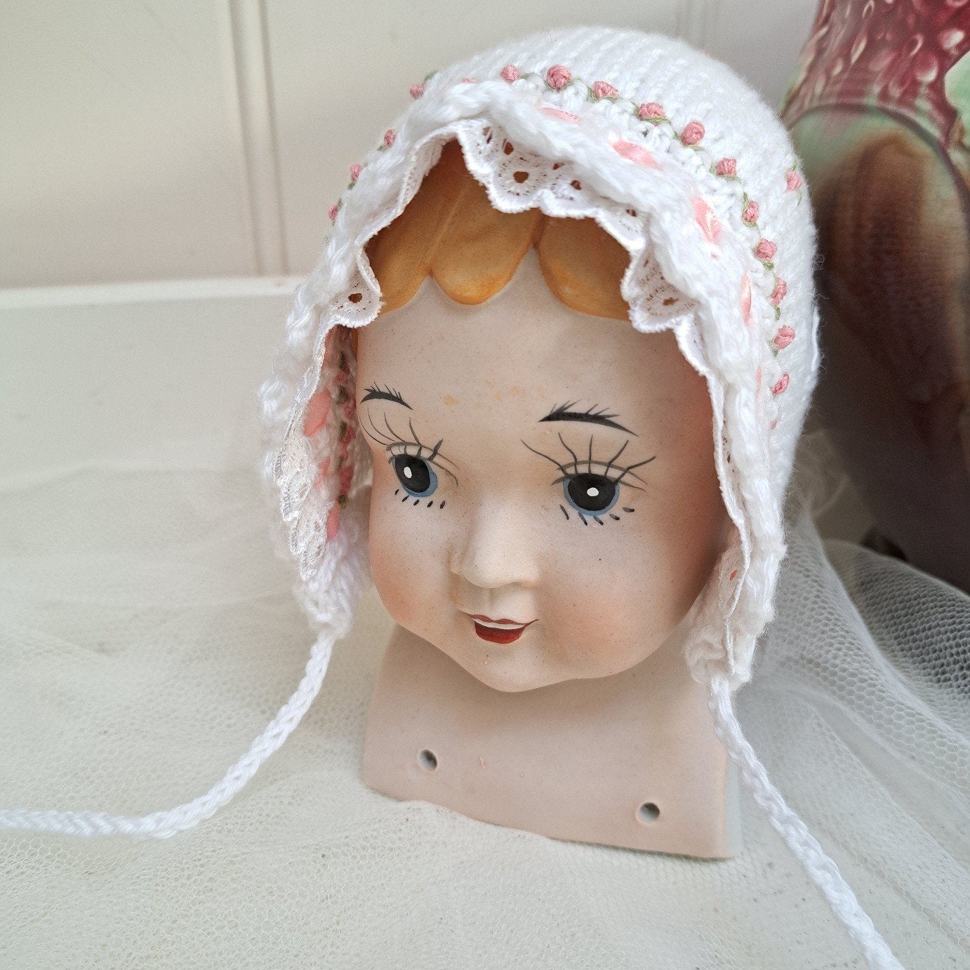 Hand gebreid Brocante katoen Pop muts NIEUW, Ophalen of Verzenden