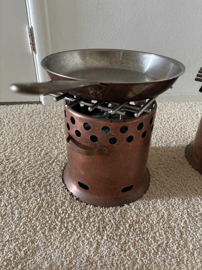 Koperen  flameerset / rechaud met pannen (2 stuks), Ophalen