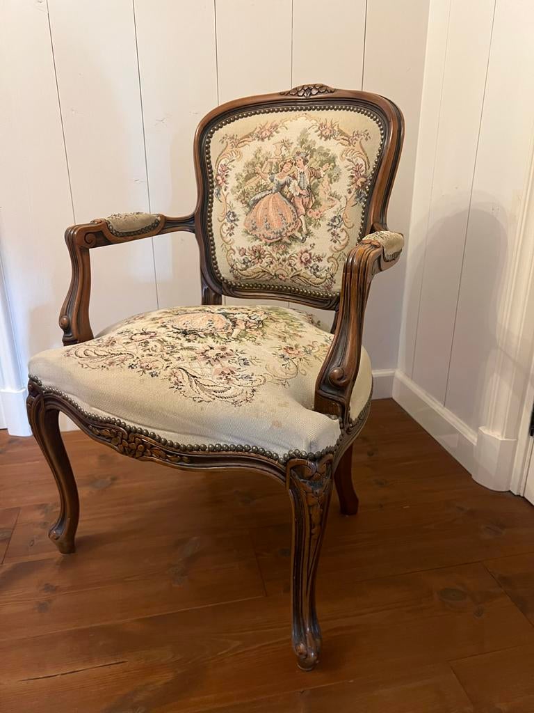 Antieke Queen Ann Stoel met Tapisserie Bekleding, Ophalen