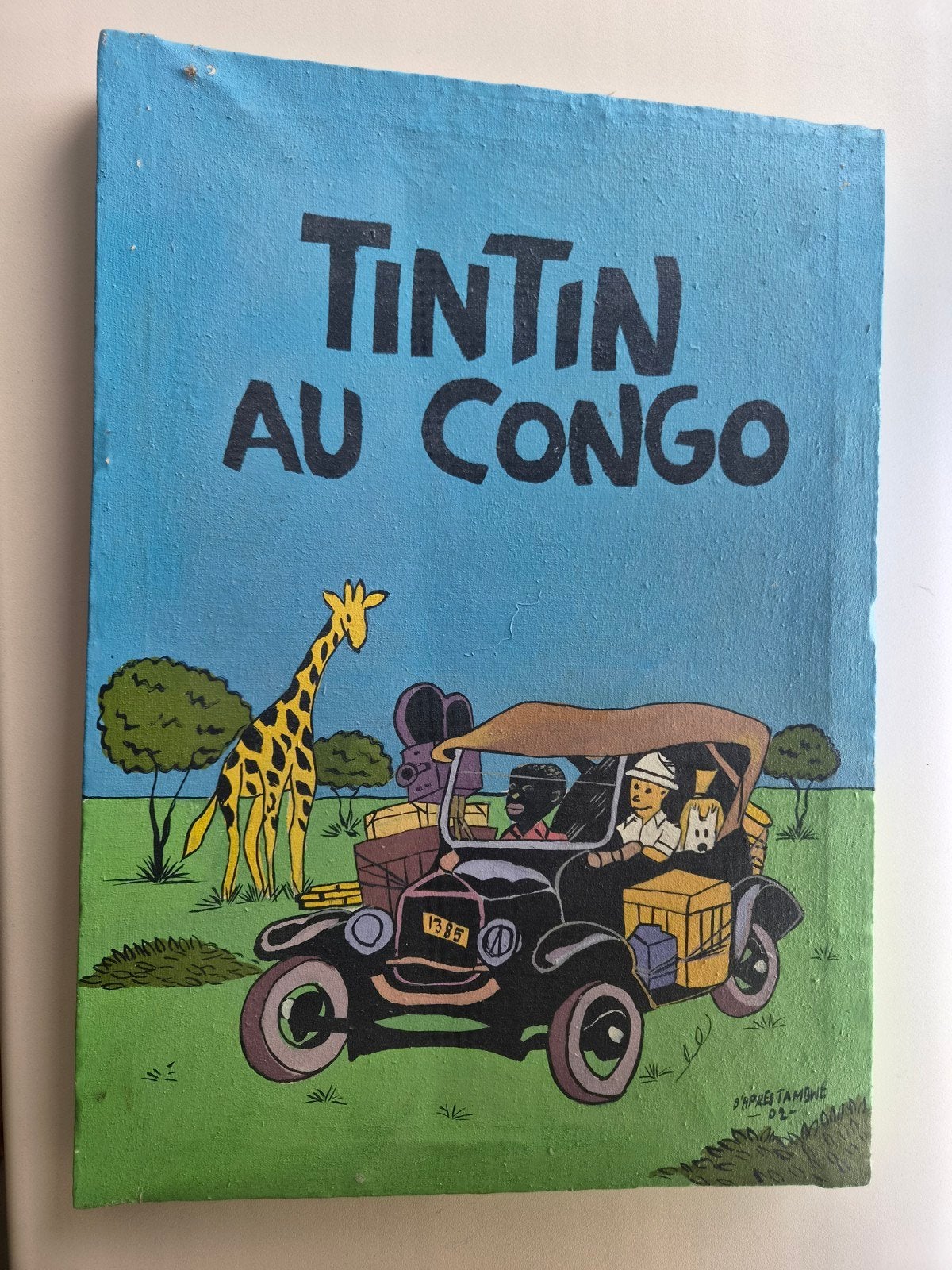 Schilderij Kuifje in Congo - Handgeschilderd, Antiek en Kunst, Gesigneerd, Ophalen of Verzenden, Olieverf, Stripfiguren/cartoons