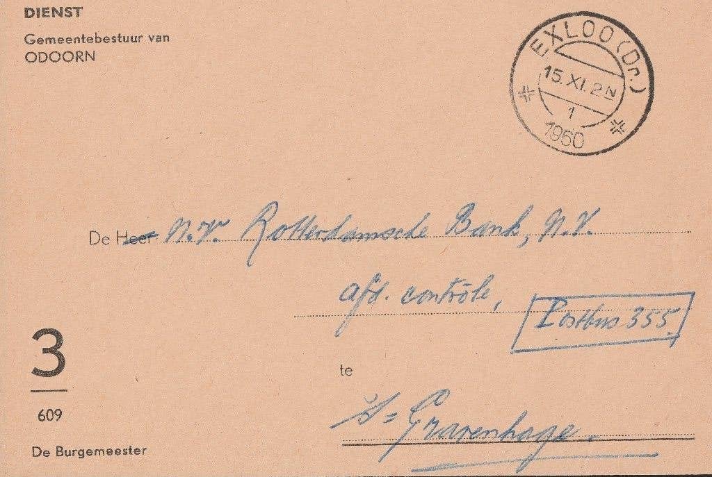 ODOORN 1960 Front Dienstenvelop Gemeentebestuur, Verzamelen, Ophalen of Verzenden, 1960 tot 1980, Gelopen, Drenthe