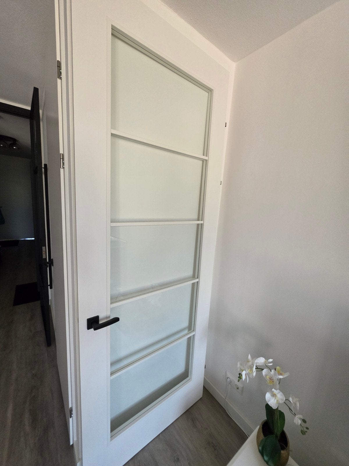 Witte binnendeur met glas en zwarte handgreep (2.55x0.95m), Ophalen, Binnendeur, 200 tot 215 cm, Glas