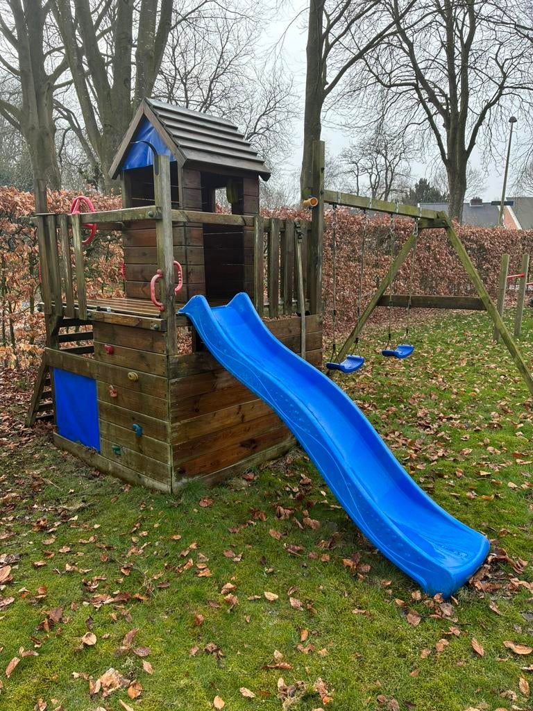 Houten speelhuis tuin, merk Wickey incl glijbaan en schommel, Ophalen, Gebruikt, Schommel