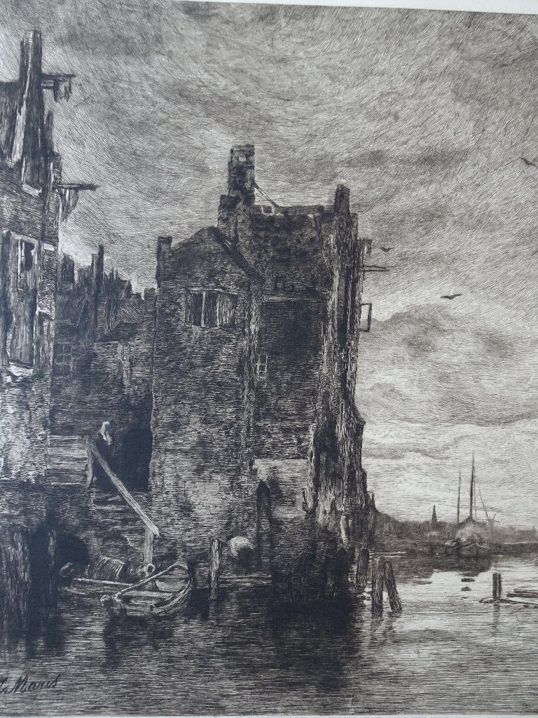 Ets huizen aan het water in Dordrecht, Zilcken n. Maris 1880, Antiek en Kunst, Kunst | Etsen en Gravures, 1800 - 1899, Ets, Stadsgezicht