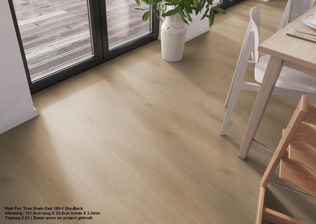 Plak Pvc True Grain Oak 189-1 Natuur eik 2,5mm 0,55 €17,95m2, 75 m² of meer, Nieuw, Ophalen of Verzenden, Plak Pvc light natuur eiken Dry-Back