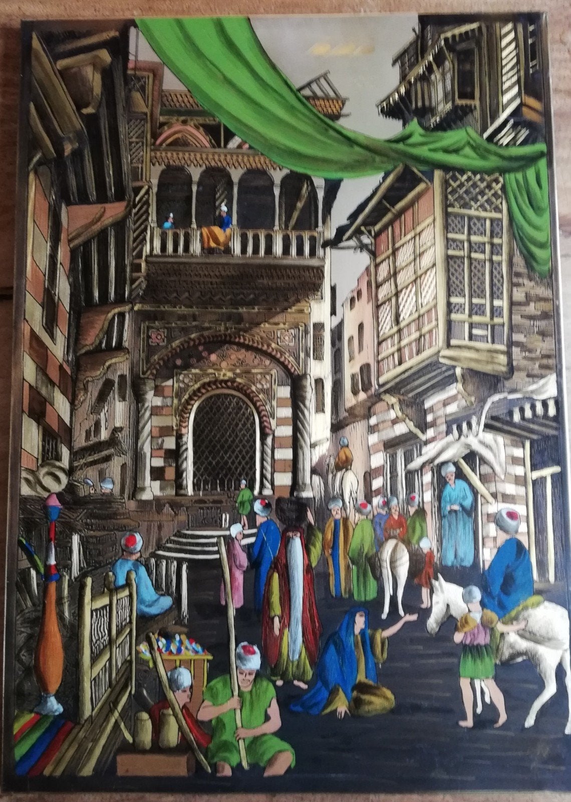 Egypte, Stadsgezicht. Geschilderd op messing. 44/62 cm., Ophalen, Metaal, Schilderij, 44 cm