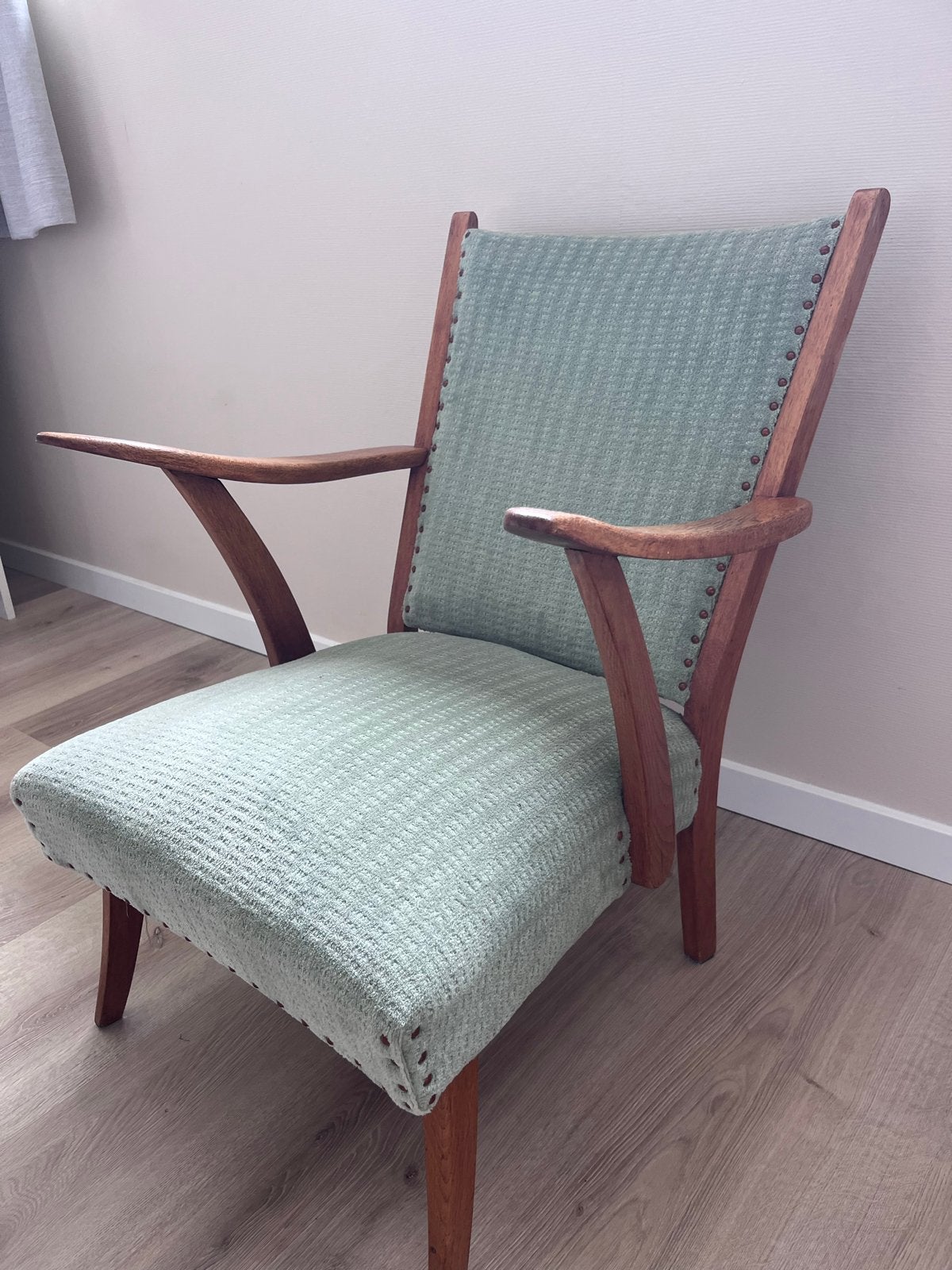 Vintage, retro fauteuil, Deens design, Huis en Inrichting, Fauteuils, Gebruikt, Hout, Stof, Ophalen