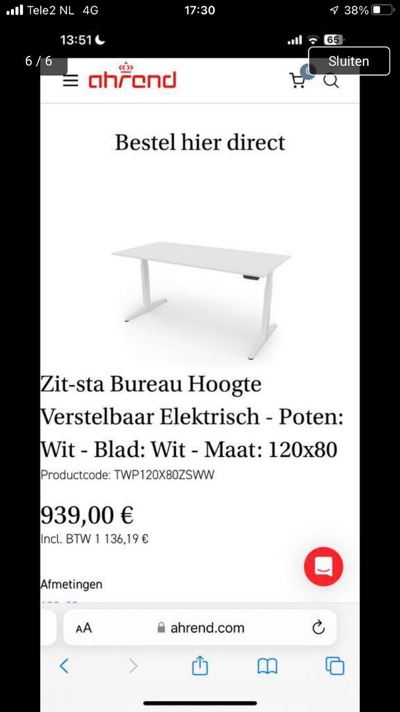 Ahrend zit sta bureau 1200 x 800 Electrisch, Ophalen, Elektrisch, Zo goed als nieuw