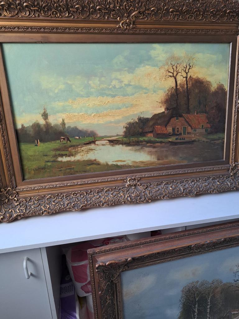 Klassiek schilderij met landschap en boerderij, Ophalen