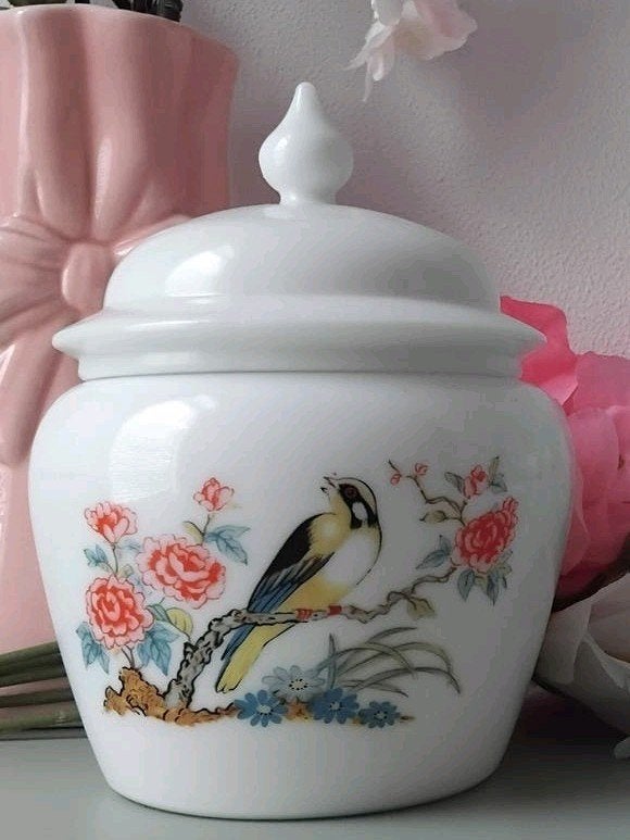 🌺Vintage 🐦Melkglas 🌺AVON Dekselpotje 🐦Gemberpotje Vogel, Verzenden