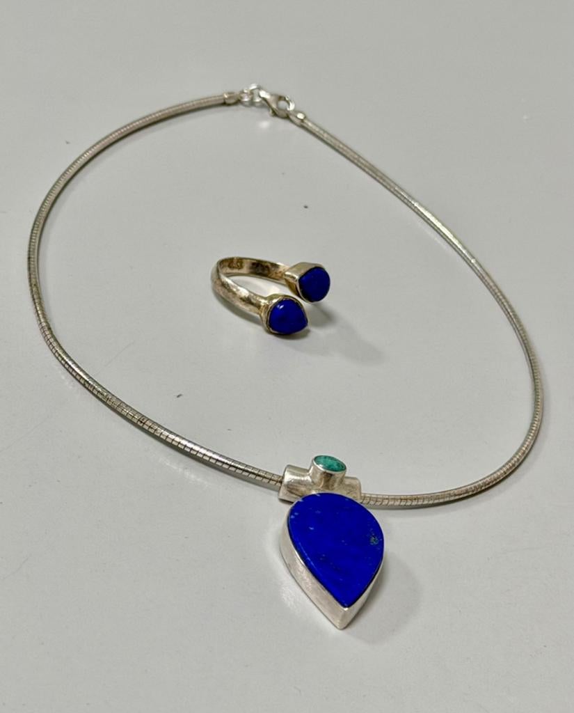 Vintage 925 zilveren zilver set Lapis Lazuli ketting + ring, Ophalen of Verzenden, Zilver, Ketting, Met edelsteen