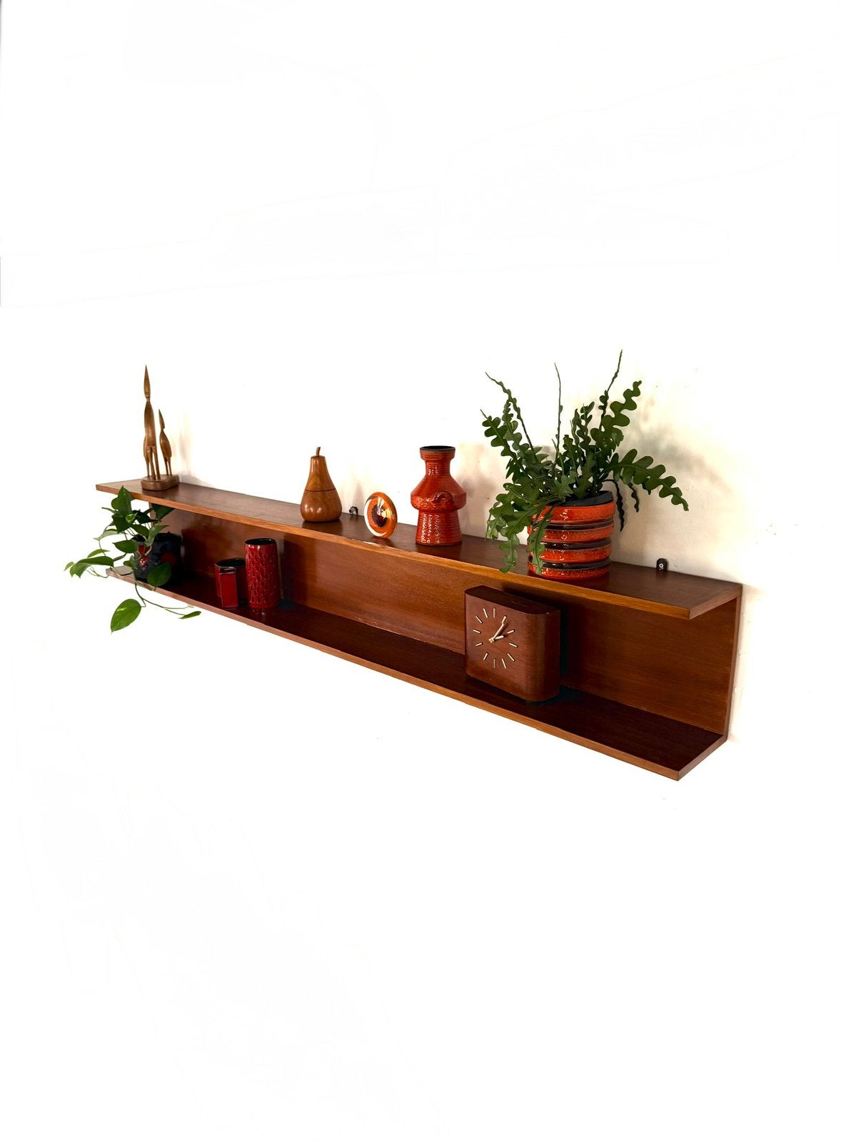 Vintage XL (199cm) teakhouten wandplank, jaren ‘60, Gebruikt, Ophalen of Verzenden, Nvt, Nvt