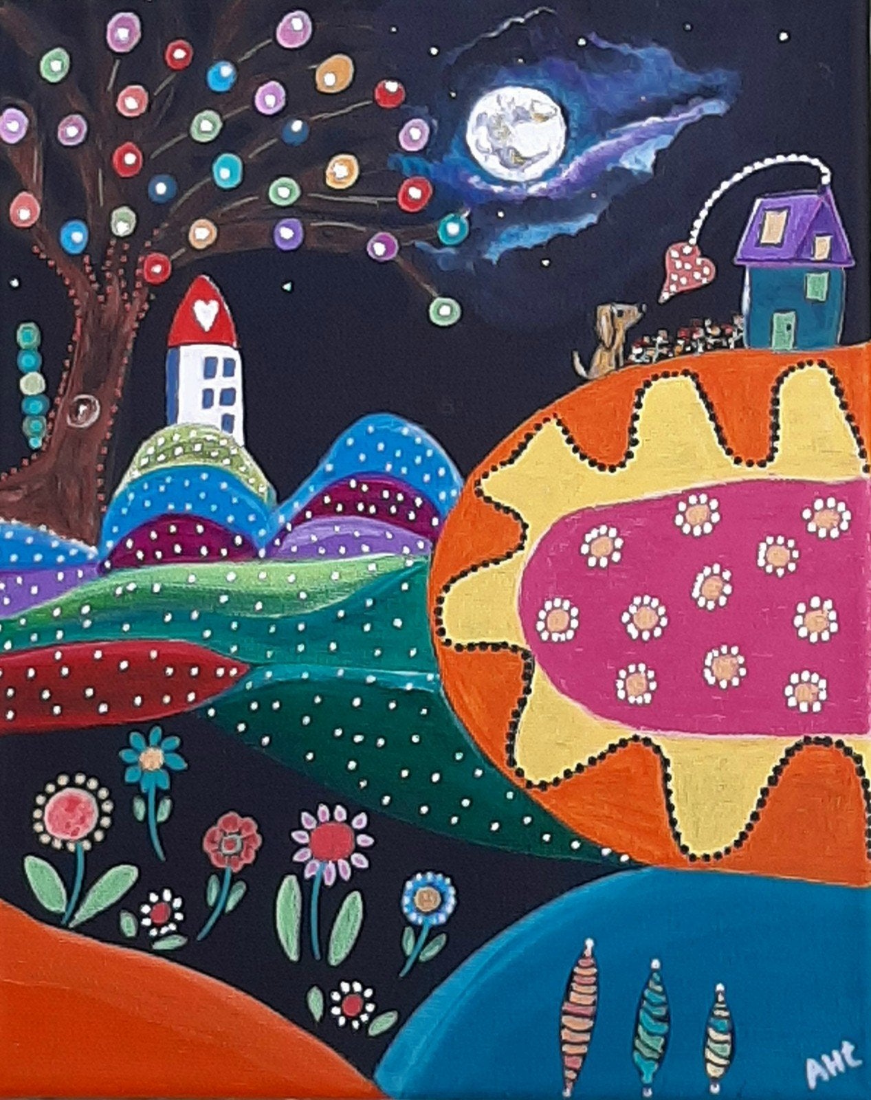 Schilderij Droomland in vrolijk acryl (dots) op canvas, Ophalen of Verzenden, Acrylverf, Landschap
