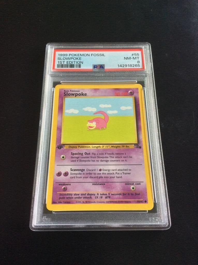 1st Edition Slowpoke, Base set Fossil, PSA 8 - Pokémonkaart, Ophalen of Verzenden, Zo goed als nieuw, Losse kaart, Foil