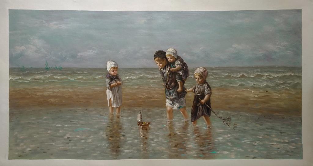Olieverf replica Jozef Israels: kinderen der zee, Antiek en Kunst, Kunst | Schilderijen | Klassiek, Verzenden