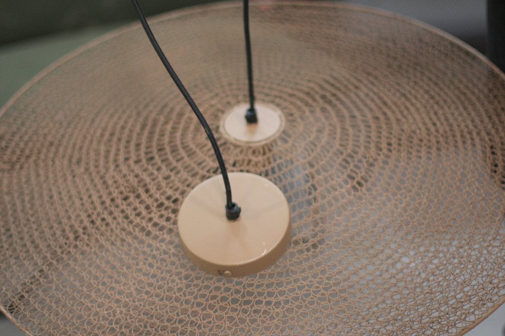 3 x platte ronde metalen open hanglamp beige taupe, Ophalen of Verzenden, Zo goed als nieuw, Metaal, E27 (groot)