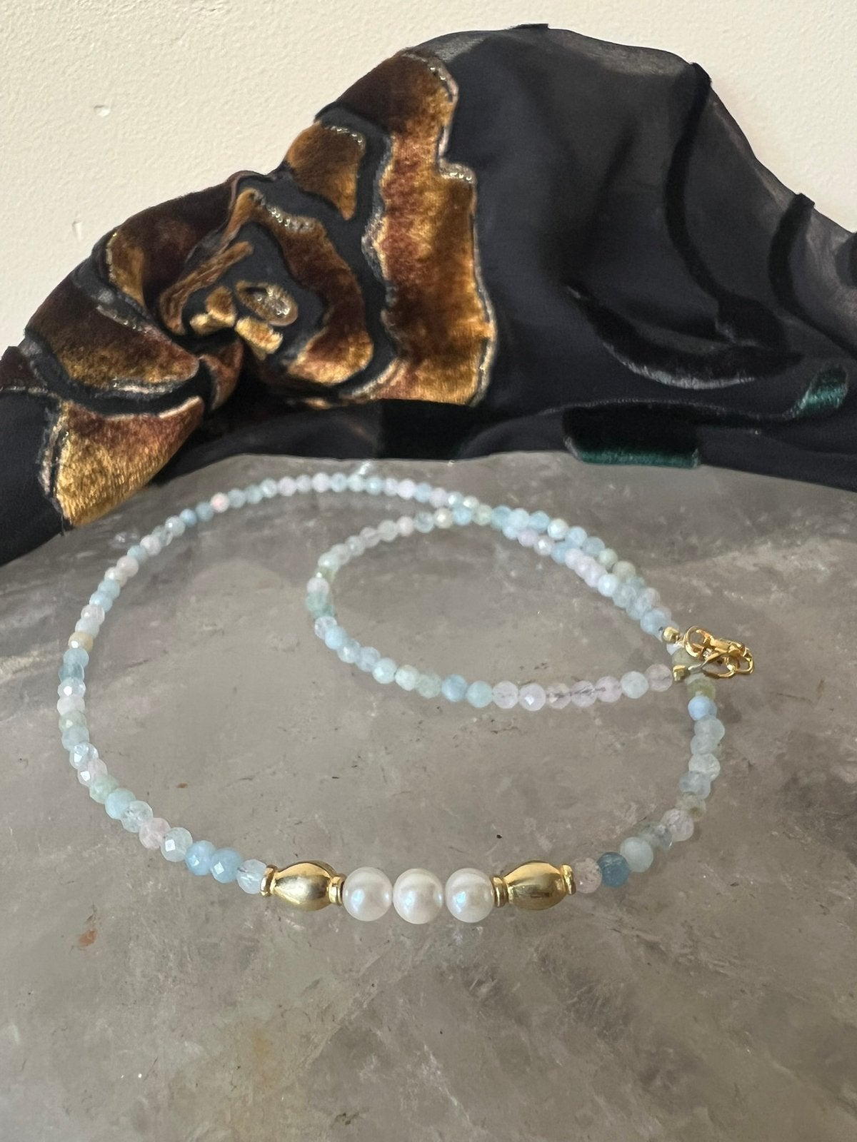 Aquamarijn AKOYA zoutwater parel morganiet beryl heliodoor, Sieraden, Tassen en Uiterlijk, Kettingen, Blauw, Magnolia11, Nieuw