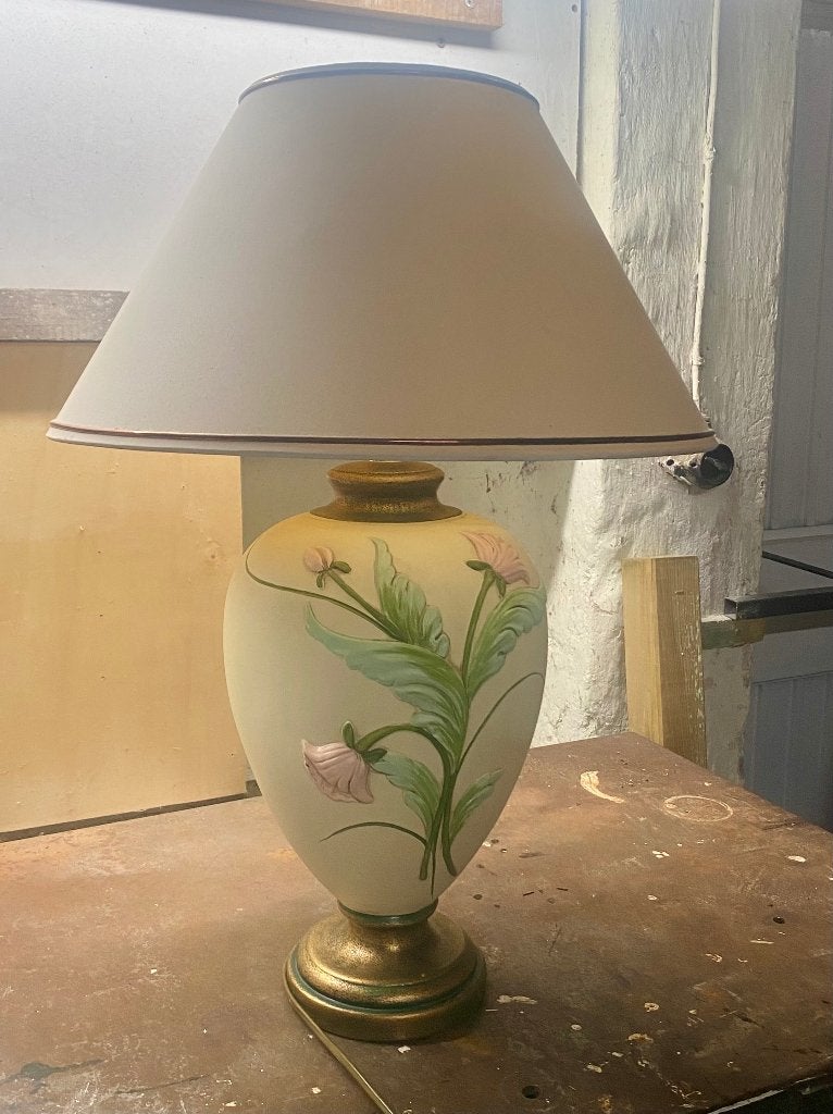 Grote vintage tafellamp met bloemen keramiek spuuglelijk, Ophalen, Gebruikt, Vintage, Keramiek