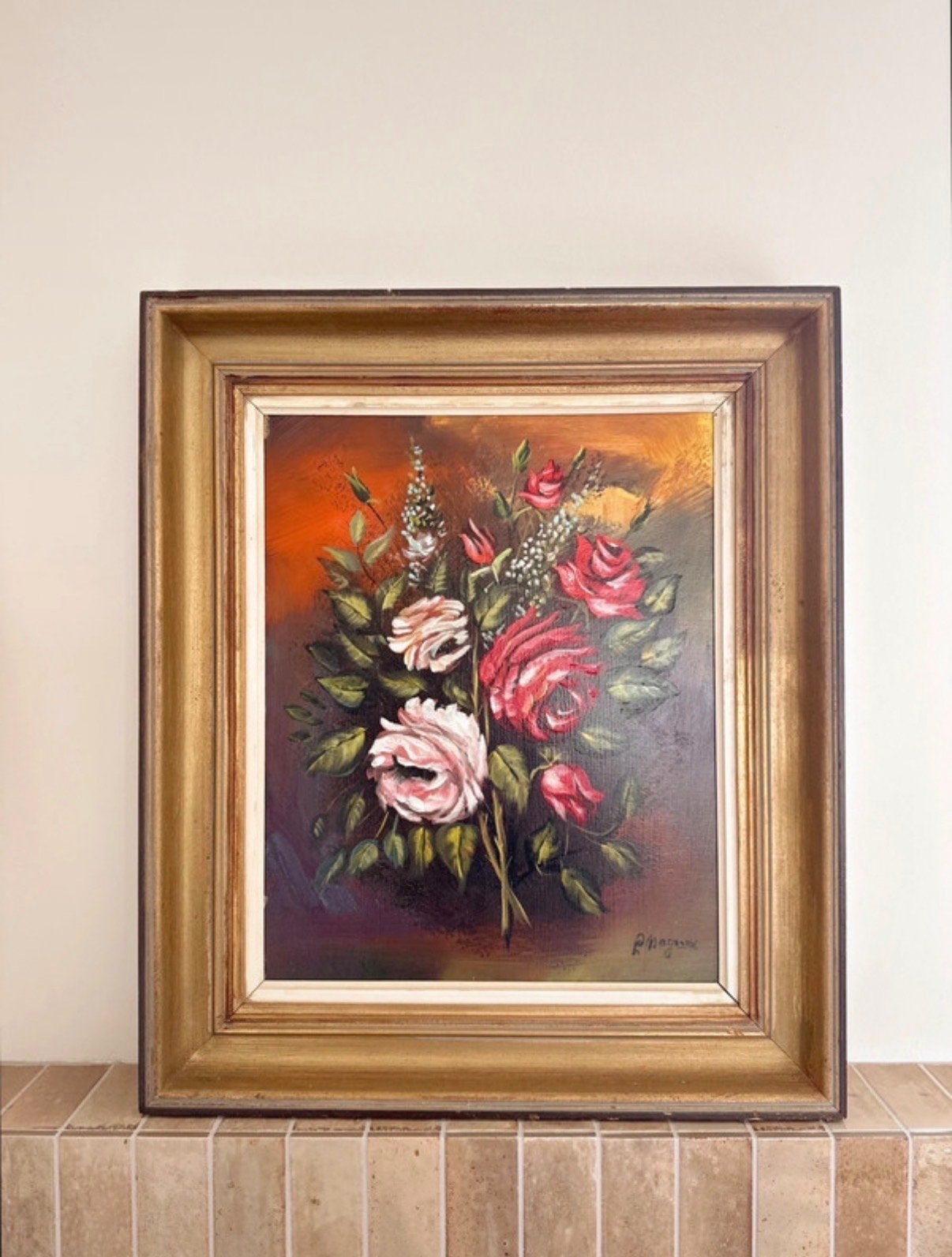 Vintage olieverf schilderij met bloemen in lijst, Bloemen, Doek, Ophalen of Verzenden, Olieverf