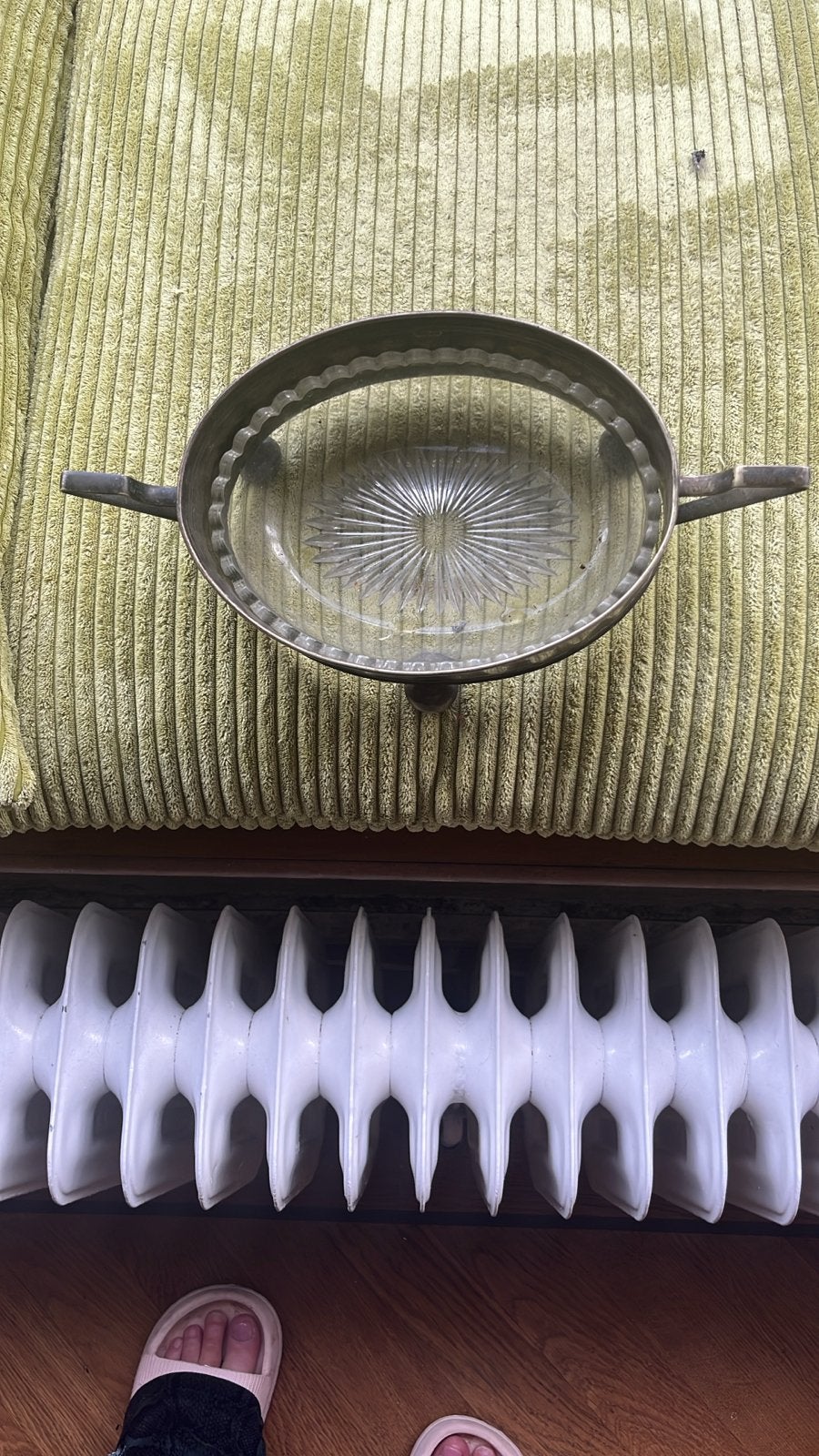 Vintage glazen schaal in metalen houder, Ophalen of Verzenden