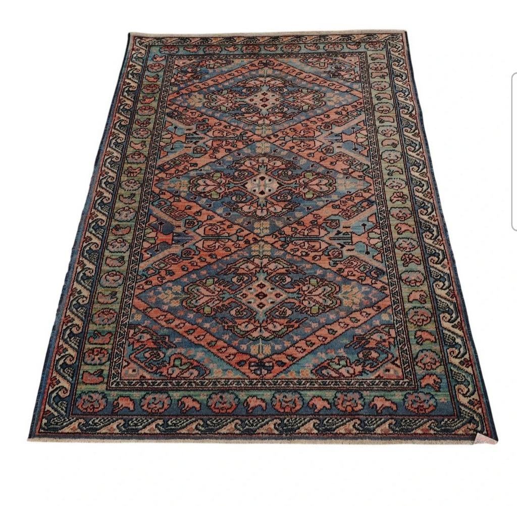 Vintage oosters wol vloerkleed Persia Karian blue 140x191cm, Crème, Gebruikt, 100 tot 150 cm, Onbekend (Vintage)