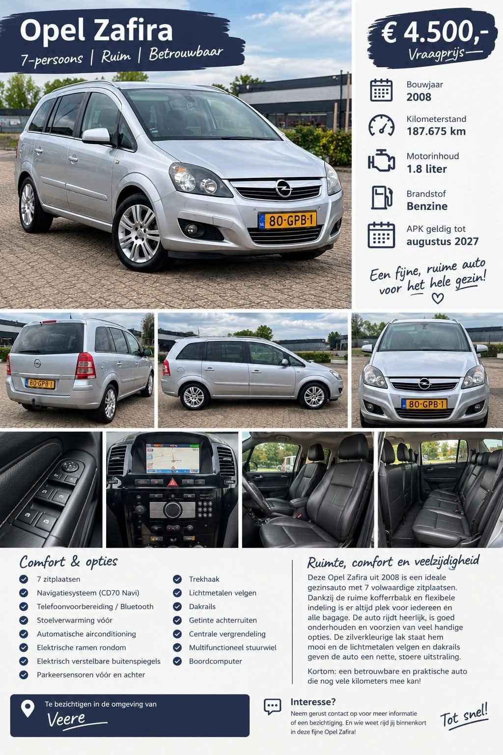 Opel Zafira 1.8 2008 Grijs, Auto's, Voorwielaandrijving, 4 cilinders, Particulier, 1403 kg