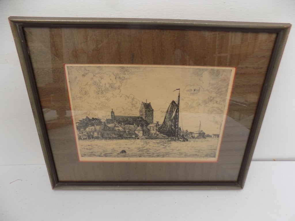 Grouw Friesland J. Elsinga ets gesigneerd 1928, Gesigneerd, Ets, Ophalen of Verzenden, 21 cm