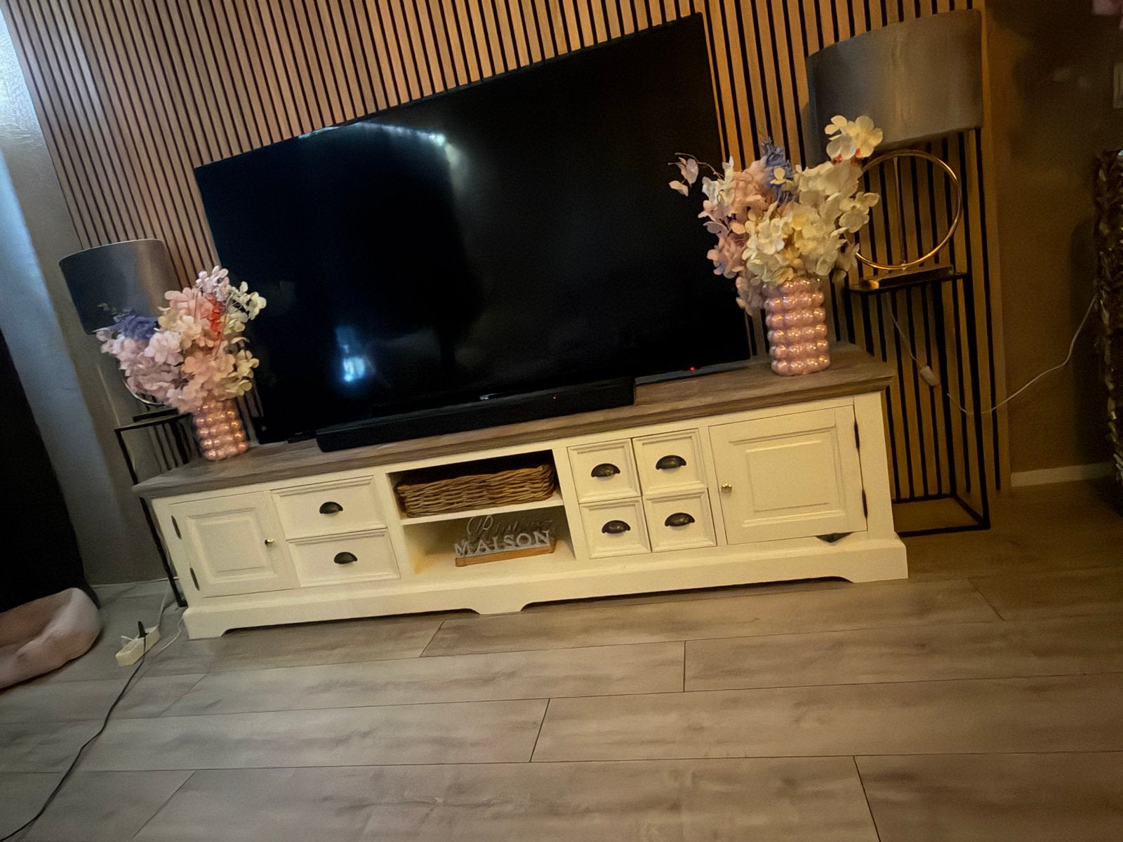 Landelijk tv meubel - Crème met houten blad, Ophalen, Gebruikt, Landelijk, 200 cm of meer