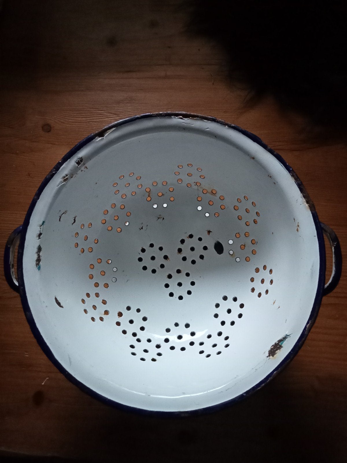 Antieke/ vintage emaille vergiet, wit met blauwe rand, Ophalen of Verzenden