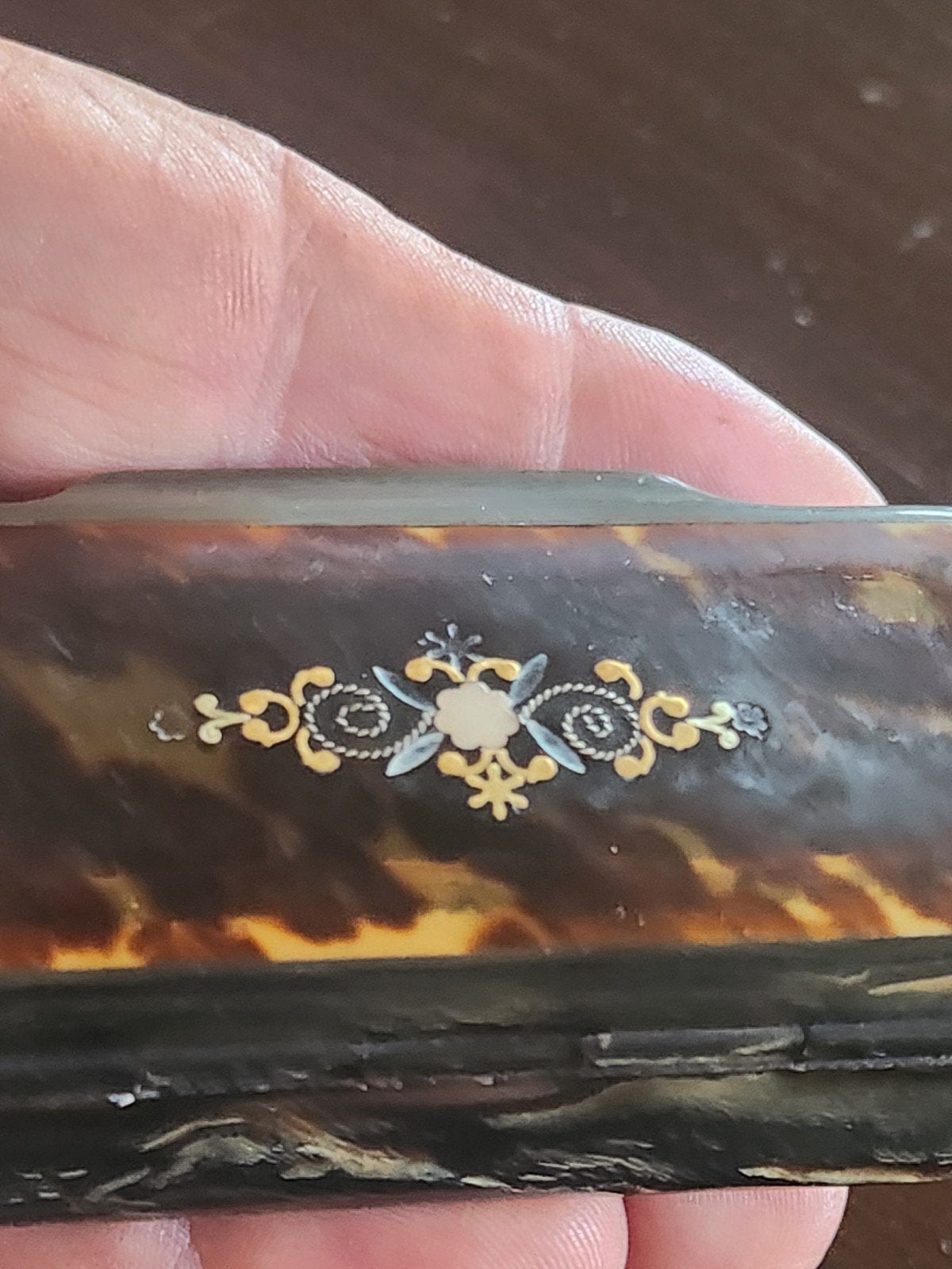 Antiek schildpad doosje met goud ingelegde decoratie, Ophalen of Verzenden