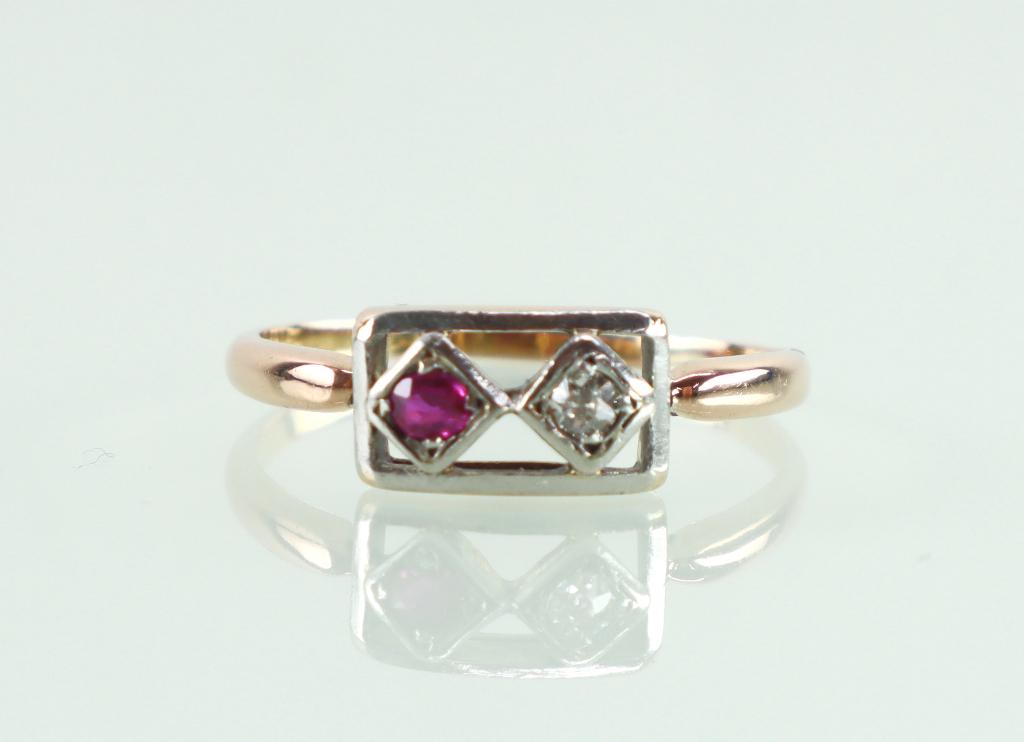 Antieke 18k roségouden ring diamant robijn Art Deco, Ophalen of Verzenden, Goud, Ring, Met edelsteen