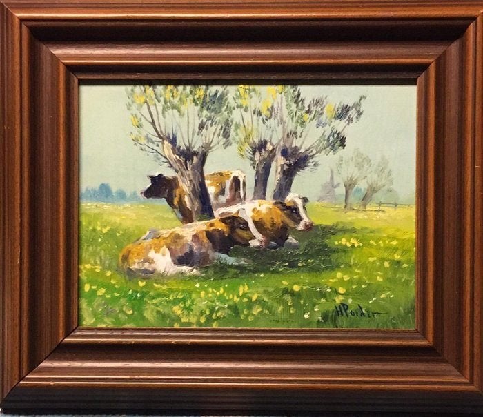Schilderij - Koeien in de Alblasserwaard - H Poeder (1964), Ophalen, Paneel, Oud hollands, Dieren